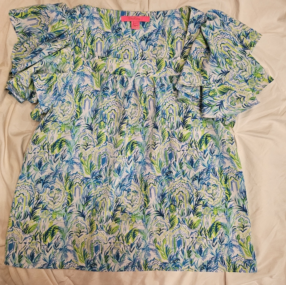 Lilly Pulitzer Floral Blue and Green Women's Top Size Medium